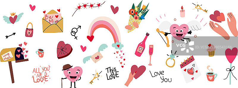 爱心符号涂鸦风格手绘贴纸图片素材