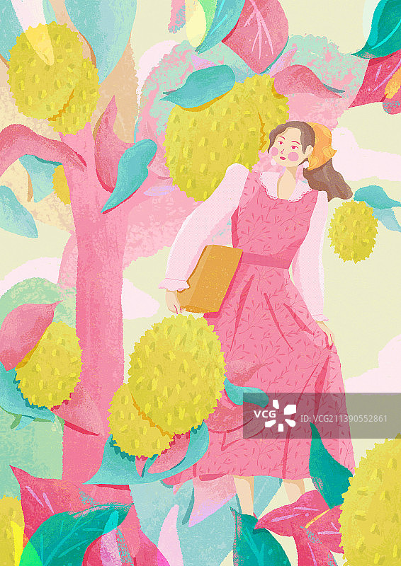 水果女孩新鲜榴莲插画图片素材