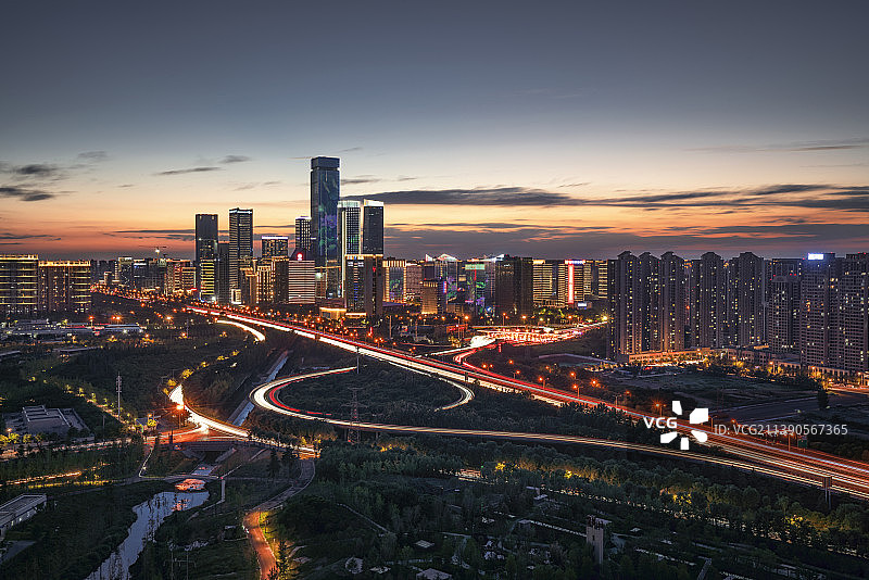 陕西省西安市高新区锦业路中央商务区现代都市夜景图片素材