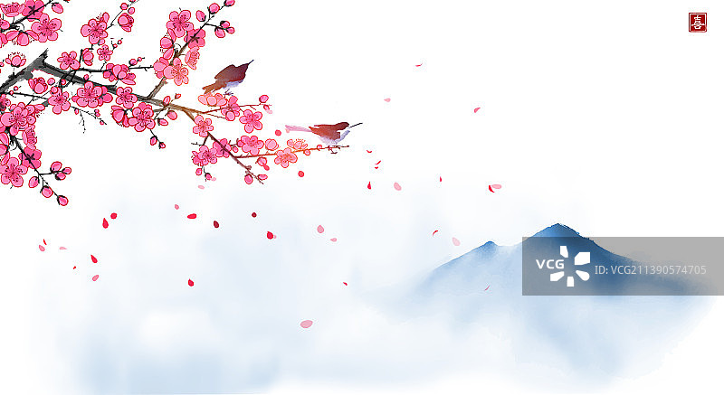 盛开樱花树枝上的两只小鸟图片素材