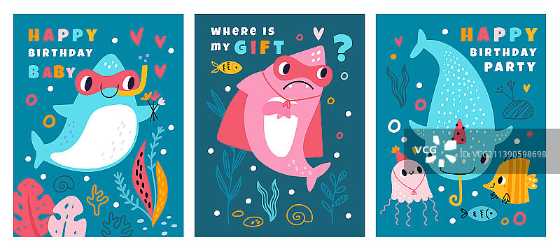 可爱的鲨鱼生日派对贺卡图片素材