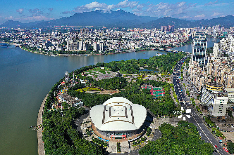 广东省河源市源城区河源文化广场体育馆航拍图片素材