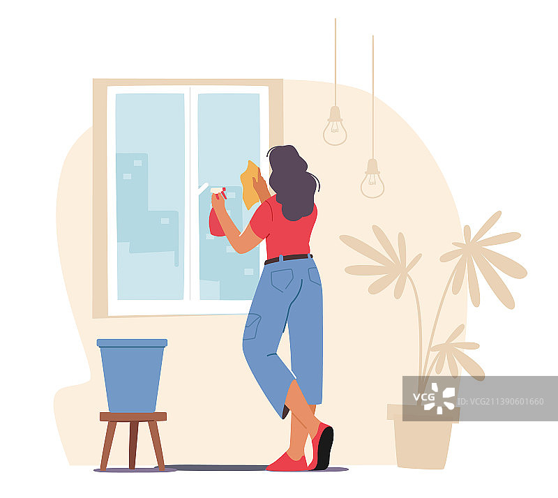 用湿抹布擦拭窗户清洁房屋的女人图片素材