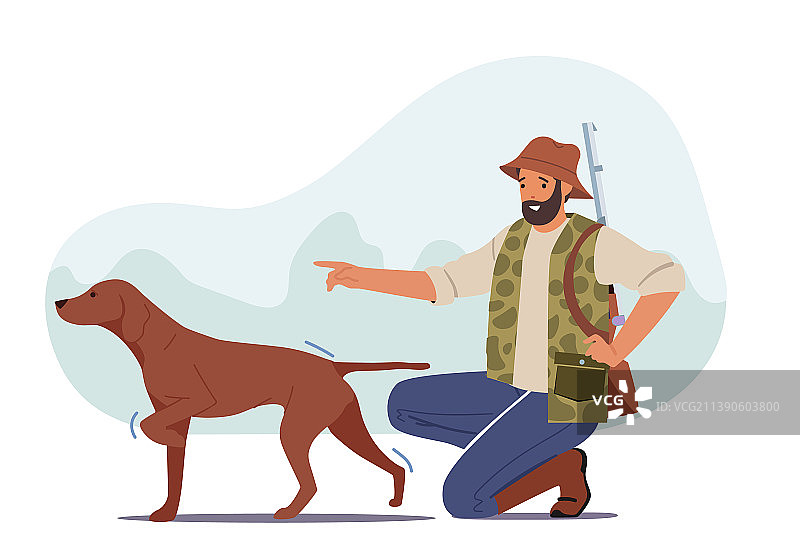 猎人带步枪和猎狗在森林中狩猎图片素材