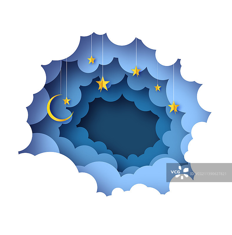 天空、星星、新月，多云剪纸艺术图片素材
