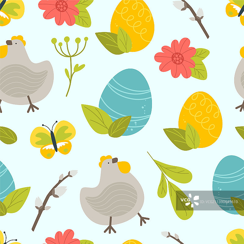 复活节图案与蛋糕、鸡蛋和鸡肉图片素材