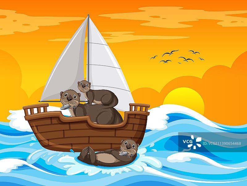 水獭在帆船上的海洋场景图片素材