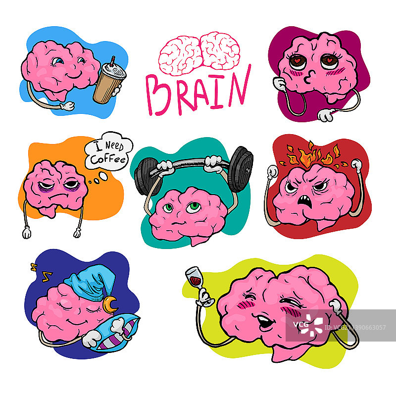 大脑卡通形象贴纸套装图片素材