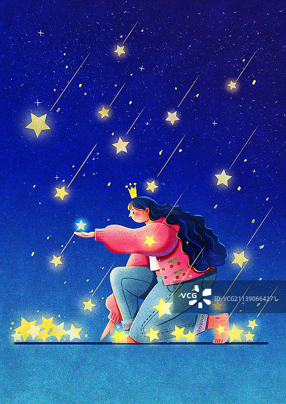 女孩与流星清新扁平风插画图片素材
