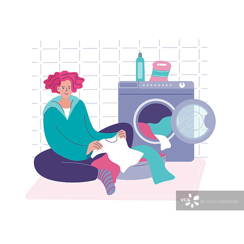 女人坐在浴室地板上图片素材