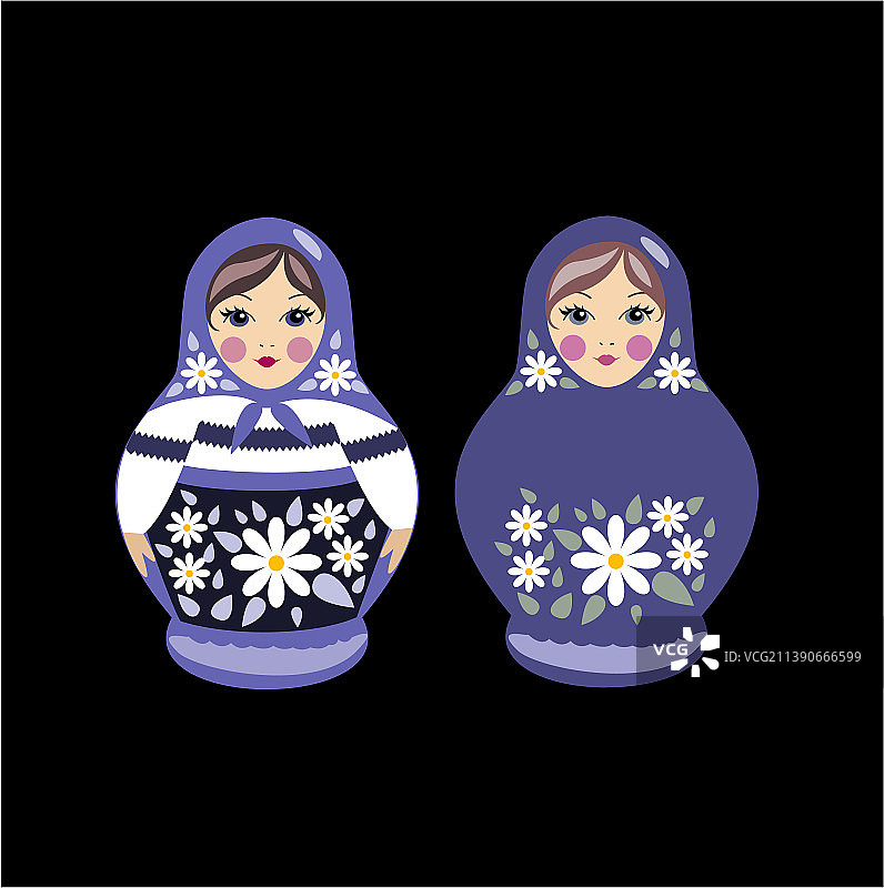 身穿长春花蓝的两个俄罗斯民族娃娃图片素材