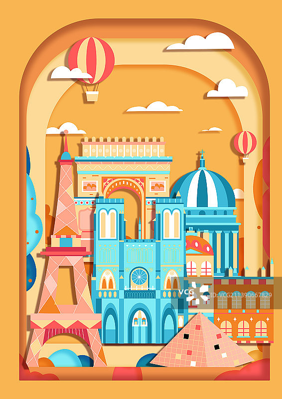 剪纸风建筑插画图片素材