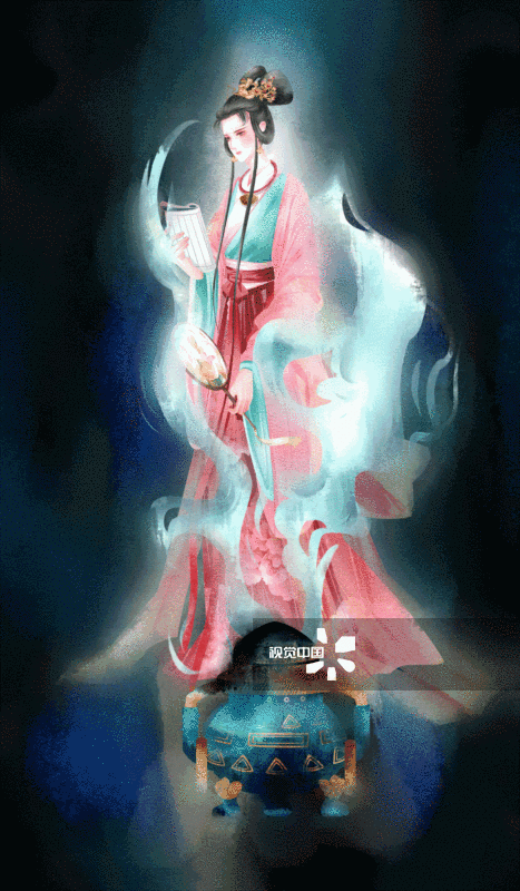 中国风水彩香炉与佳人插画-GIF动图图片素材