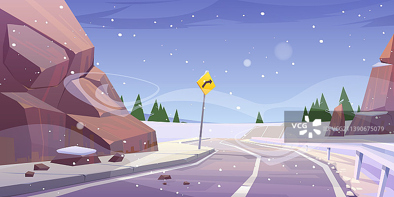 冬季山地柏油路带围栏标志图片素材
