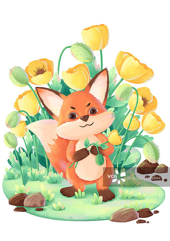 小狐狸花卉植物小场景插画图片素材