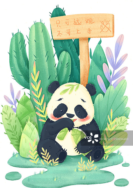 熊猫仙人掌植物小场景插画图片素材