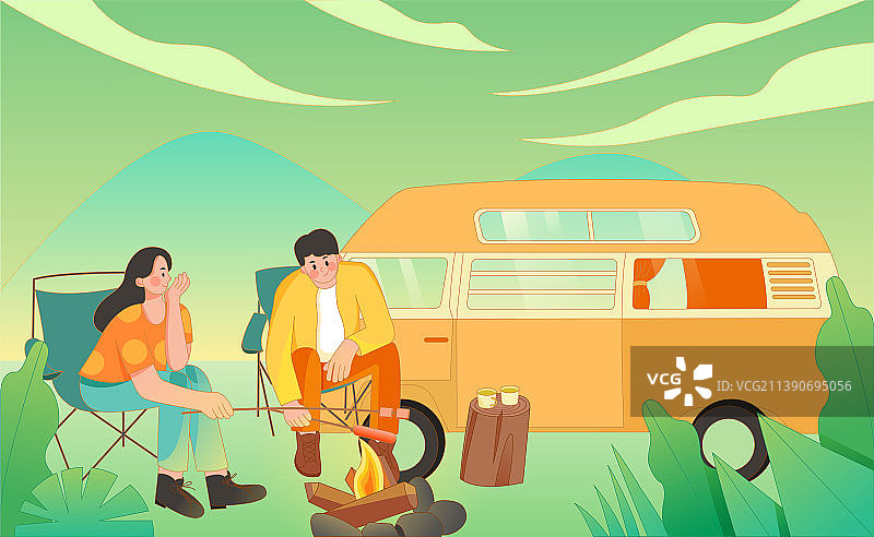 情侣自驾游露营烧烤插画海报图片素材