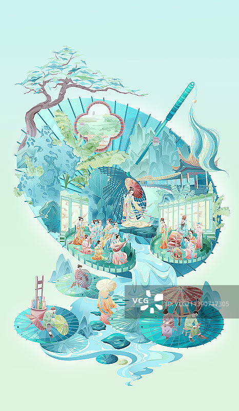 国潮非遗竖版油纸伞插画图片素材