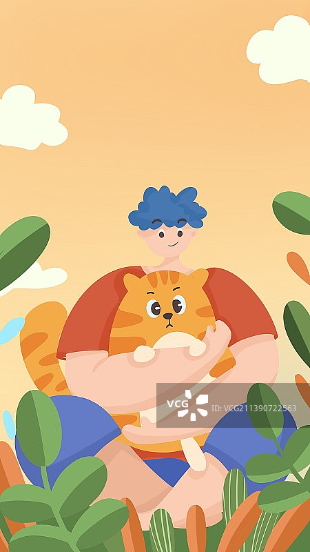 抱着宠物猫咪的男孩图片素材