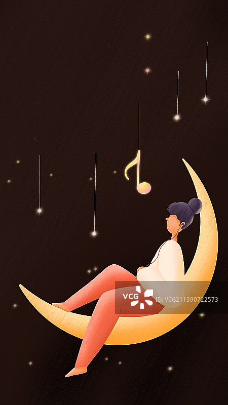 扁平风H5插画背景 女孩躺在弯弯的月亮上听音乐图片素材