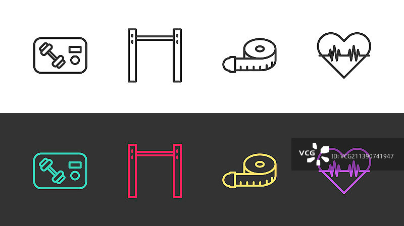 健身俱乐部、健身卡和单杠图标套装图片素材