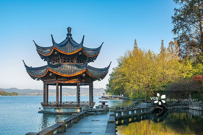 西湖风光 杭州西湖地标  长桥 双投桥 夕影亭 江南园林图片素材