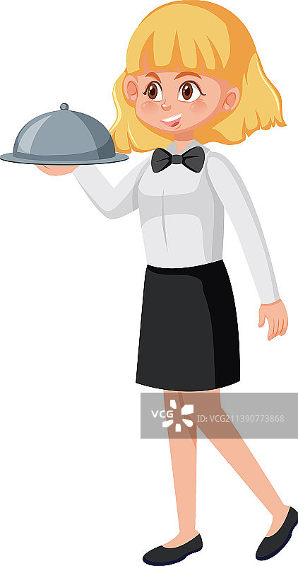 一位年轻女服务员在白色背景下上菜图片素材
