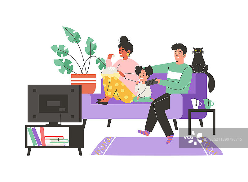 父母和孩子在家看电视扁平卡通图片素材