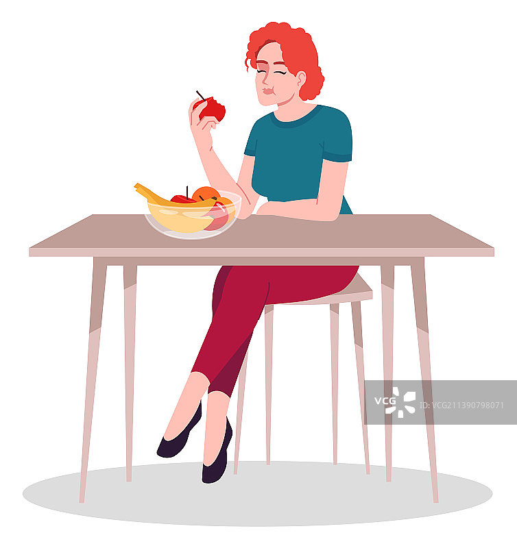 吃新鲜水果的快乐女士（半扁平RGB）图片素材