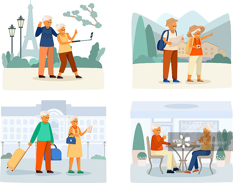 老年人幸福生活卡通图标集图片素材