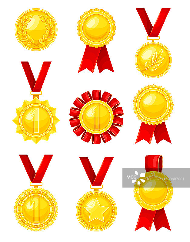 金色奖章配红色丝带图片素材