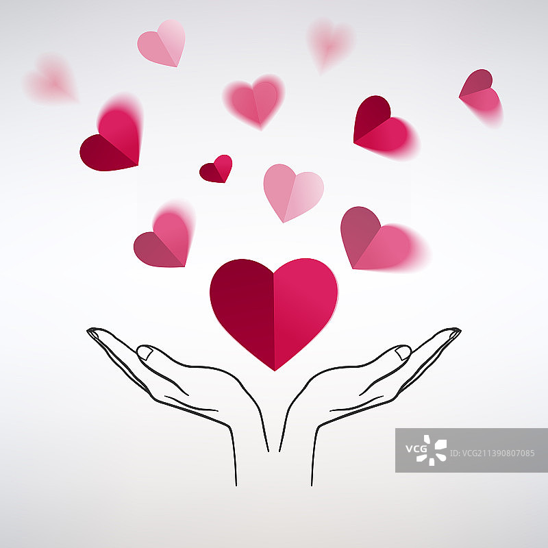 张开双手释放红色爱心纸屑图片素材