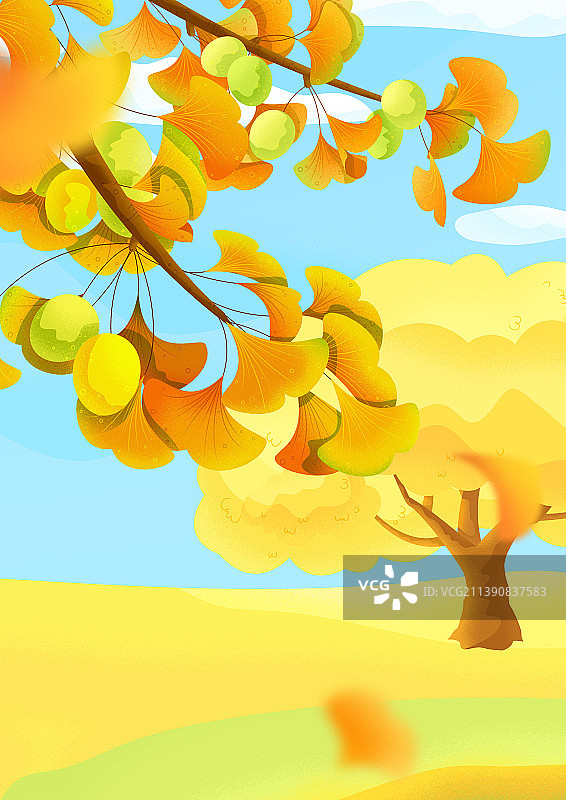 秋天银杏树枝噪点风插画图片素材