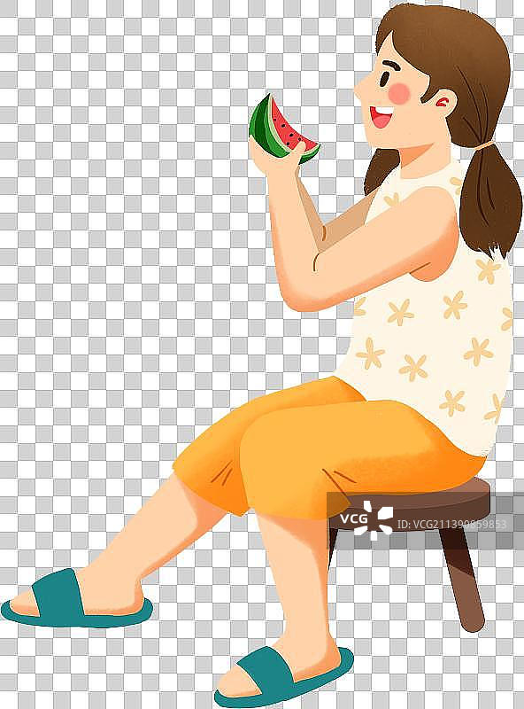 女孩侧身坐在凳子上吃西瓜图片素材