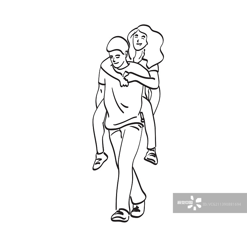 背着女友的线条画男人图片素材