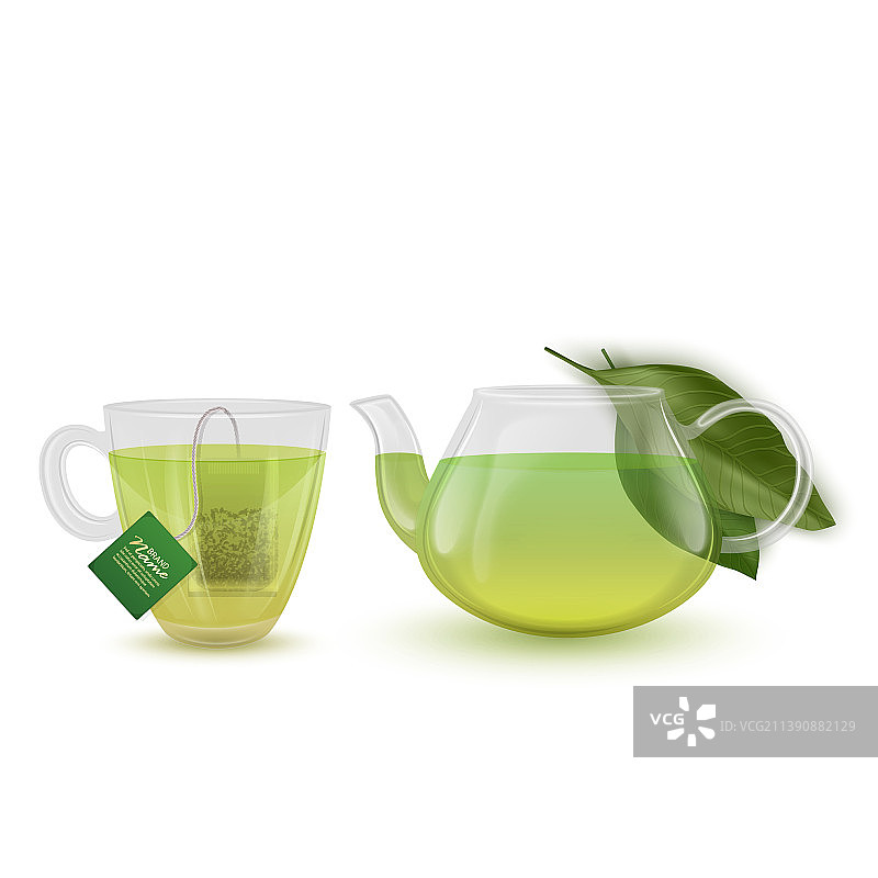带茶包的绿茶玻璃杯碟图片素材