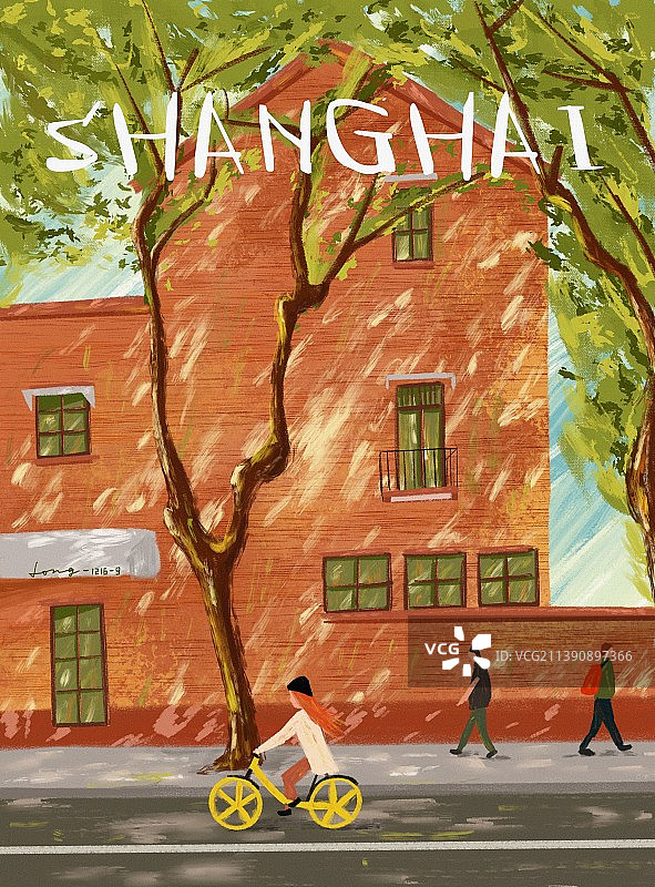 梧桐树下的行人图片素材