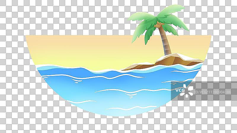 海水+海边的小岛+椰子树，夏季卡通扁平插画素材图片素材