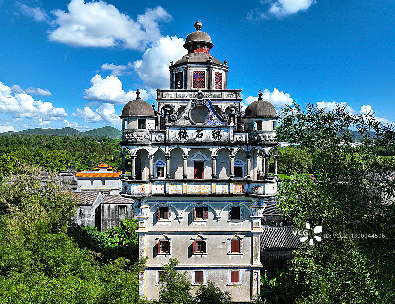 广东省江门市世界遗产开平碉楼与古村落锦江里碉楼群瑞石楼航拍图片素材