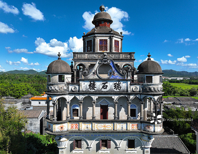 广东省江门市世界遗产开平碉楼与古村落锦江里碉楼群瑞石楼航拍图片素材