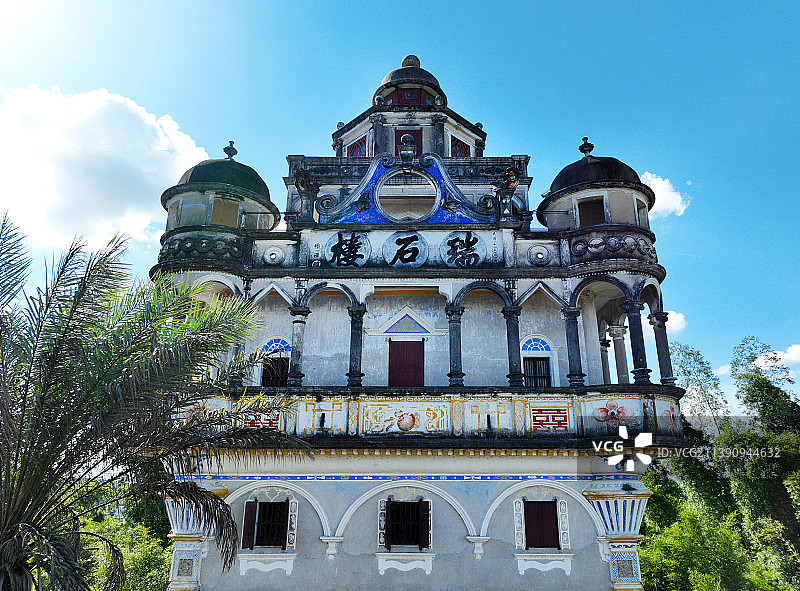 广东省江门市世界遗产开平碉楼与古村落锦江里碉楼群瑞石楼航拍图片素材