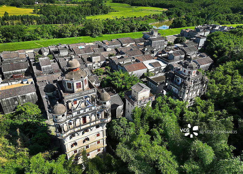 广东省江门市世界遗产开平碉楼与古村落锦江里碉楼群瑞石楼航拍图片素材