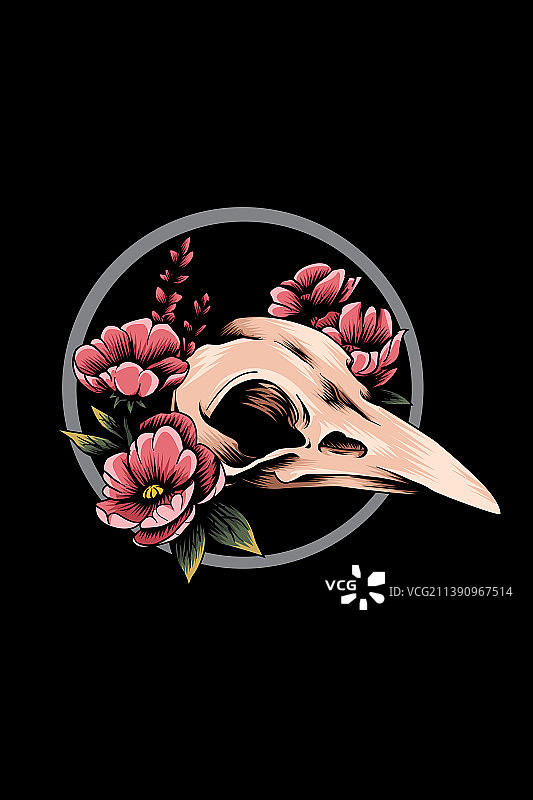 鸟类头骨与鲜花图片素材