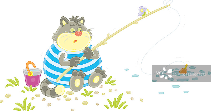 有趣的胖猫在池塘钓鱼图片素材