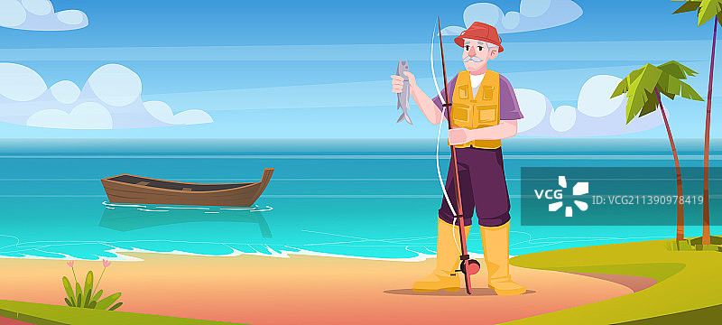 老渔民在海边手持钓竿钓鱼图片素材