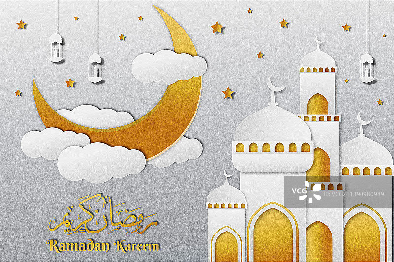 斋月节剪纸艺术清真寺和新月图片素材