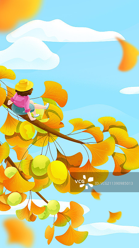 秋天女孩坐在银杏树枝上噪点风插画图片素材