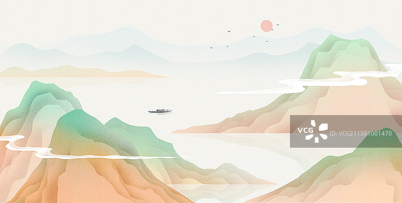 新中式风格山水风景插画图片素材