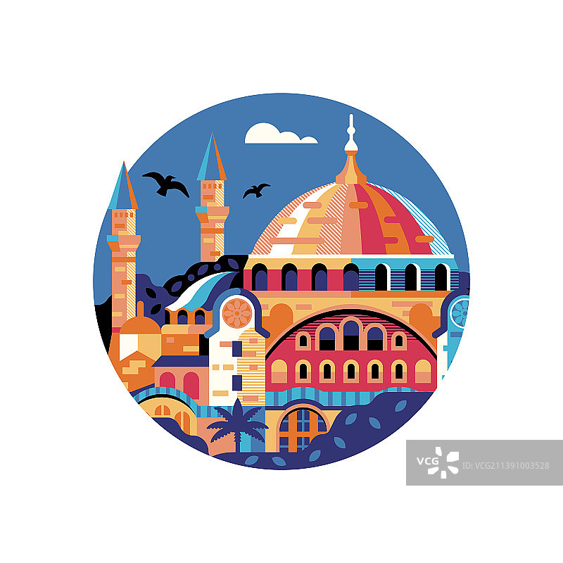 扁平风格的伊斯坦布尔圣索菲亚大教堂圆形图标图片素材