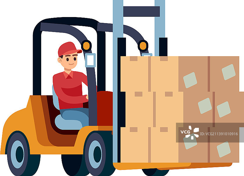 在叉车上搬运纸箱的男人图片素材